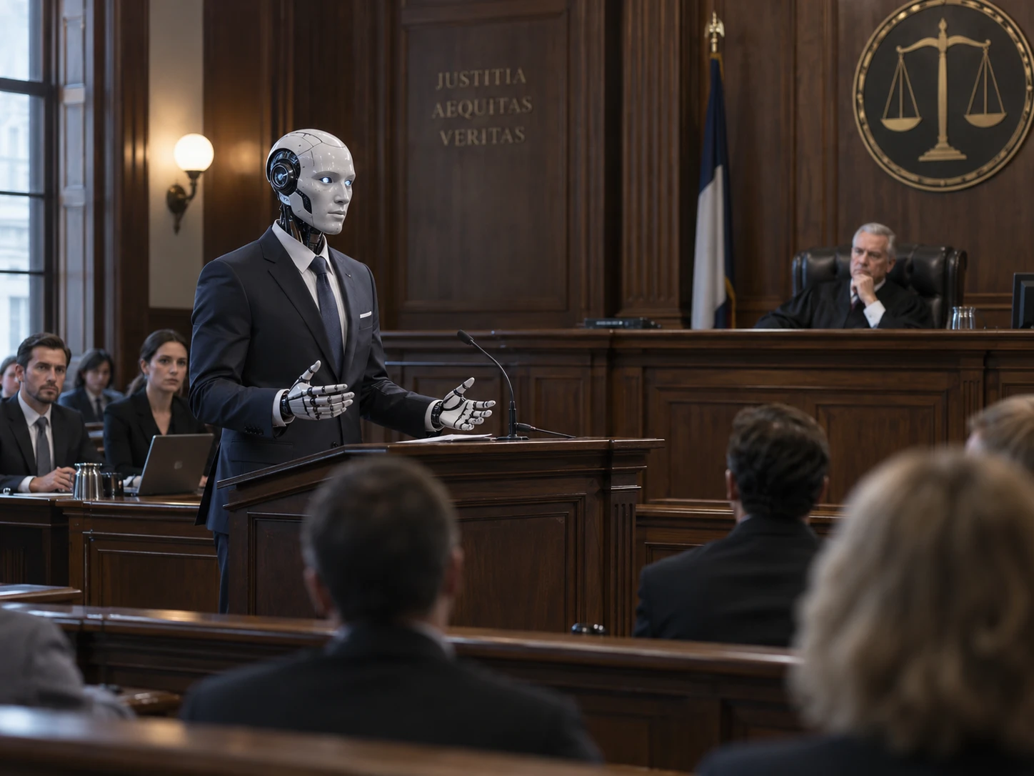 A robot lawyer addressing a courtroom