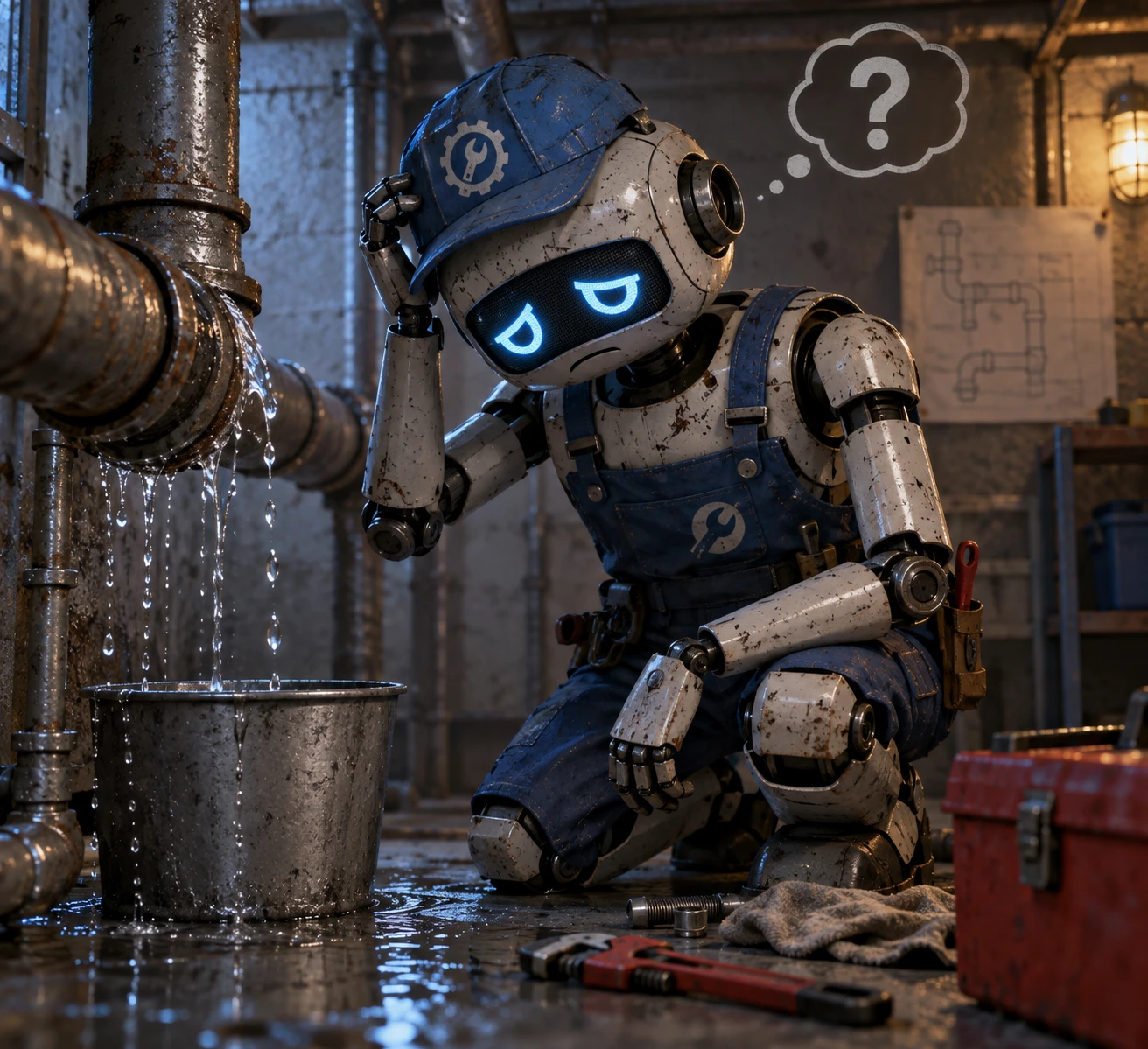 A confused robot plumber kneeling next to a leaking pipe